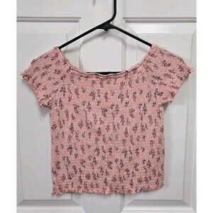 Eyeshadow Girls Size Large 14 Peach Floral Top Frill Shirred Blouse Short Sleeve